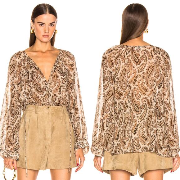 Nili Lotan Acadia Paisley‎ Silk Blouse Size XS Cream Black Neutrals Blouson Chic - Picture 2 of 16